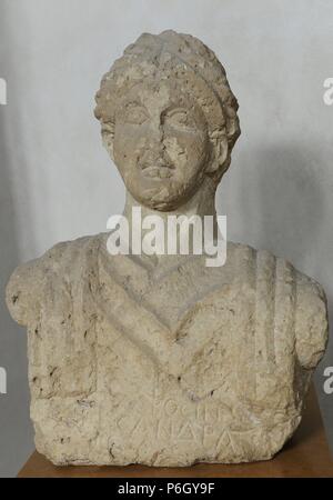 Funerary bust of a woman. Limestone. From Beth Shean, Israel. Roman period. 3rd-4th century AD. Rockefeller Archaeological Museum. Jerusalem. Israel. Stock Photo