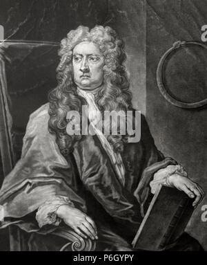 Isaac Newton (1642-1726). English physicist and mathematician. Engraving. Portrait. Stock Photo