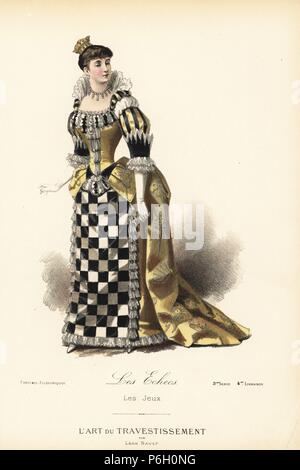 Fancy dress costume for the game of chess, with dress of chessboard  pattern, crown, bodice decorated with chess pieces. Handcoloured lithograph  after a design by Leon Sault from "L'Art du Travestissement" (The