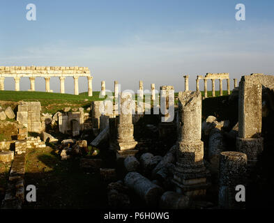 Syria. Apamea or Apameia (Afamia). It was an ancient Greek and Roman city. Ruins of the Temple of Zeus Belos with Great colonnade in the background. Photo taken before Syrian Civil War. Stock Photo