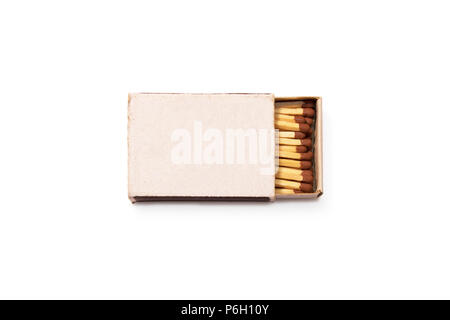 Blank matches box mock up isolated. Empty paper match packaging mockup. Matchbook case photo image top view ready for logo design presentation. Opened matchbox clear surface. Stock Photo