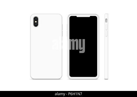 Blank white phone case mock up, stand isolated, 3d rendering. Empty smartphone cover mockup ready for logo or pattern print presentation. Cellphone protector cover concept. Cell plastic casing design Stock Photo