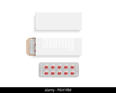 Blank white pill box design mockup set, isolated, 3d illustration. Clear blister pillbox template mock up. Open and close red tablets cardboard container. Blister pill boxing with drug colored capsule Stock Photo