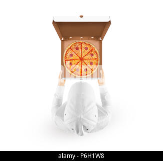 Delivery man holding pizza box mockup with tasty pizza in hand isolated on white, top view. Deliver guy in clear uniform hold opened box mock up. Food packaging template. Pizzeria identity branding Stock Photo