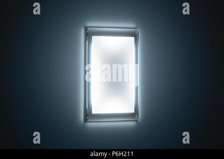 Blank white a3 poster mockup in illuminated glass holder, 3d rendering. Clear transparent acrylic signage mock up. Glowing panel on black background. Placard with illumination under the glassy plate. Stock Photo