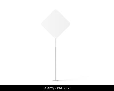 Blank white rhombus shape street sign mockup, 3d rendering. Clear rhomb signage design mock up, isolated. Empty outdoor board on metal pole stand. Plain city road symbol plate template. Stock Photo