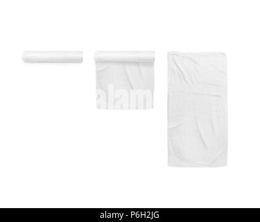 Black white soft beach towel mockup set. Clear folded and unfolded wiper mock up laying on the floor. Shaggy fur bath textured jack-towel top view. Domestic cloth kitchen overlay template wrapped. Stock Photo