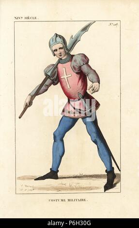 French soldier in the infantry of a crusading lord, 14th century. He wears a helmet, doublet with puff sleeves and white cross, chainmail cuirass, and carries a weapon called a fauchard used to defend a gate. Handcoloured copperplate drawn and engraved by Leopold Massard from 'French Costumes from King Clovis to Our Days,' Massard, Mifliez, Paris, 1834. Stock Photo