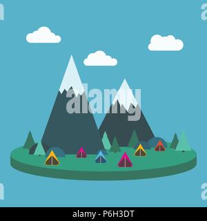 Camping Vector illustration Landscape in flat style with many tent, trees, mountains and clouds Template for summer camping posters, tourism banners Stock Vector