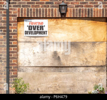 Protest placards against greenbelt development by local residents over the proposed building of 250 homes on a greenbelt site in Brentwood, Essex Stock Photo