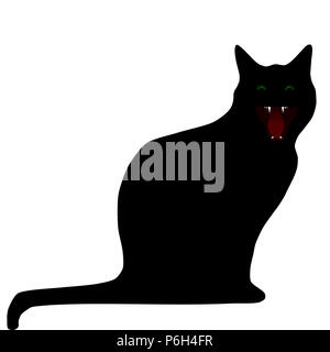Silhouette of black cat with green eyes isolated on white background. Halloween poster with spooky horror black cat, vector, eps 10 Stock Photo