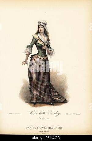 Costume of Charlotte Corday, French Revolutionary era. Assassin of Jean-Paul Marat. Handcoloured lithograph by A.E. after a design by Leon Sault from 'L'Art du Travestissement' (The Art of Fancy Dress), Paris, c.1880. Sault was a theatre and opera designer and luxury fashion magazine publisher. Stock Photo