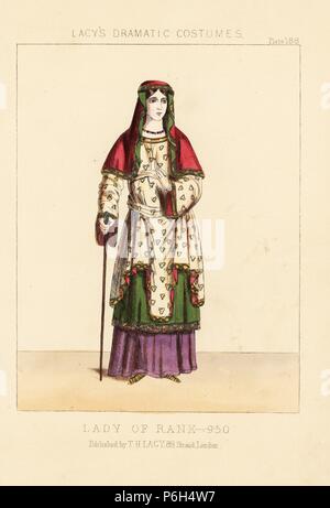 Costume of a lady of rank, 950. She wears a veil, several tunics over the top of a long purple robe, and holds a cane. Handcoloured lithograph from Thomas Hailes Lacy's 'Female Costumes Historical, National and Dramatic in 200 Plates,' London, 1865. Lacy (1809-1873) was a British actor, playwright, theatrical manager and publisher. Stock Photo