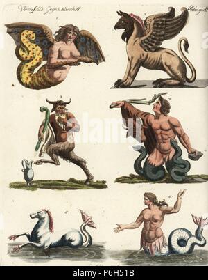 Mythical creatures: harpy, griffin, satyr, giant or Titan, seahorse and Nereid or Triton. Handcoloured copperplate engraving after Christiane Henriette Dorothea Westermayr from Friedrich Johann Bertuch's Bilderbuch fur Kinder (Picture Book for Children), Weimar, 1792. Stock Photo