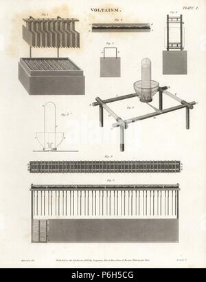 Voltaism, chemical equipment to generate electricity, 19th century. Copperplate engraving by W. Lowry after an Illustration by Sylvester from Abraham Rees' 'Cyclopedia or Universal Dictionary,' London, 1817. Stock Photo