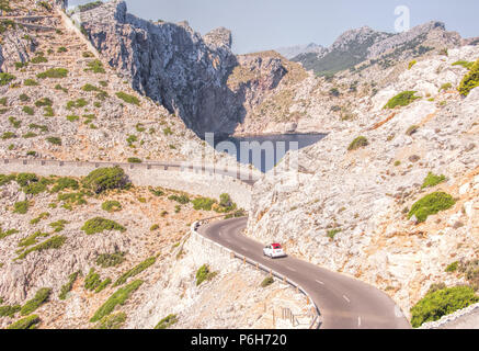 Adventurous drive on the scenic mountain landscape road in Cap de Formentor, famous European travel destination located in Mallorca, Spain. Stock Photo