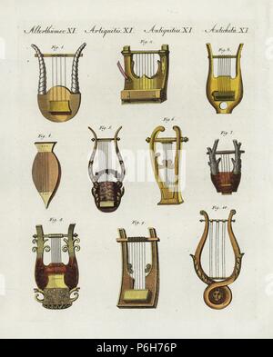 Ancient Greek and Roman musical instruments: different forms of lyres or harps 1,3,4,5,7,8,10, and lyres in the form of guitars 2,6,9. Handcoloured copperplate engraving from Friedrich Johann Bertuch's Bilderbuch fur Kinder (Picture Book for Children), Weimar, 1802. Stock Photo