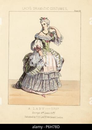 Costume of a lady, reign of King George II, 1757. Handcoloured lithograph from Thomas Hailes Lacy's 'Female Costumes Historical, National and Dramatic in 200 Plates,' London, 1865. Lacy (1809-1873) was a British actor, playwright, theatrical manager and publisher. Stock Photo