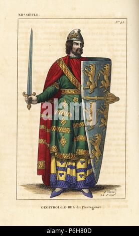 Geoffrey V, Plantagenet, Count of Anjou, 1113-1151. He wears a helmet in the Phrygian style, a long cape over tunics, all embroidered in gold. He holds a sword and large buckler (shield) decorated with heraldic lions. From an effigy on his tomb in Le Mans. Handcoloured copperplate drawn and engraved by Leopold Massard from 'French Costumes from King Clovis to Our Days,' Massard, Mifliez, Paris, 1834. Stock Photo