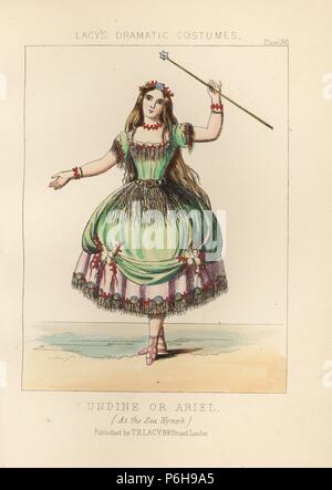 Undine or Ariel, Sea Nymph, Victorian stage costume. She wears a green dress over a pink petticoat, all decorated with sea shells, coral and seaweed, holds a wand with seastar. Handcoloured lithograph Undine or Ariel, Sea Nymph, Victorian stage costume. She wears a green dress over a pink petticoat, all decorated with sea shells, coral and seaweed, holds a wand with seastar. Handcoloured lithograph