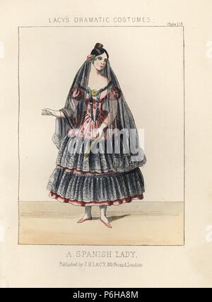 Costume of a Spanish lady, 19th century. She wears a black mantilla, red bodice and dress decorated with black lace ruffles, gloves, and hold a fan. Handcoloured lithograph from Thomas Hailes Lacy's 'Female Costumes Historical, National and Dramatic in 200 Plates,' London, 1865. Lacy (1809-1873) was a British actor, playwright, theatrical manager and publisher. Stock Photo