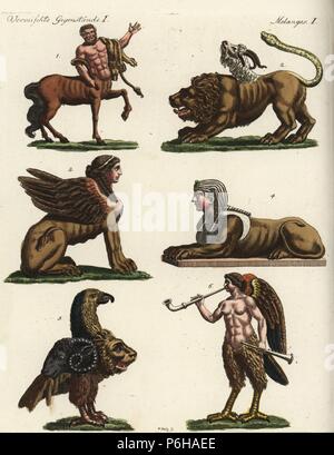 Mythical creatures: centaur 1, chimera 2, Greek sphinx 3, Egyptian sphinx 4, gryllus 5 and siren 6. Handcoloured copperplate engraving after Johann Christian Wilhelm Waitz from Friedrich Johann Bertuch's Bilderbuch fur Kinder (Picture Book for Children), Weimar, 1792. Stock Photo