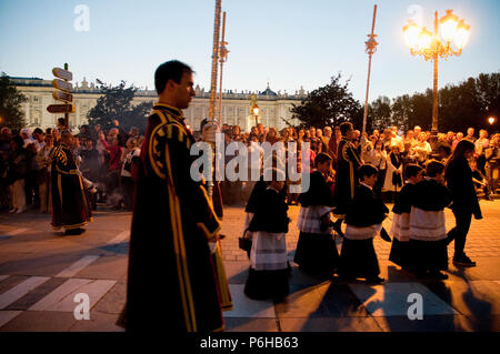 People during a Holy Week procession. Plaza de Oriente, Madrid, Spain. Stock Photo