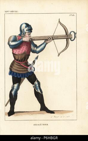 French crossbowman, 14th century. He wears a helmet, cuirass, skirt of tasses, belt, stockings and knee pieces, and aims his crossbow at a target. From a print in the Gaignieres collection at the Bibliotheque du Roi. Handcoloured copperplate drawn and engraved by Leopold Massard from 'French Costumes from King Clovis to Our Days,' Massard, Mifliez, Paris, 1834. Stock Photo