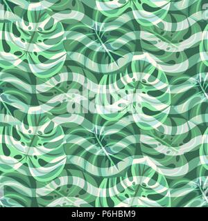 Botany monstera leaves and chevron lines trendy background seamless pattern. Green tree branches vector pattern backdrop summer time. Stock Vector