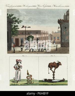 Indian street entertainment, circa 1800. Indian performers, musicians, jugglers, rope walkers, dancers and balancing acts in the square at Fort George, Madras 1, snake charmer with cobra 2, and bull balancing act 3. Handcoloured copperplate engraving from Bertuch's 'Bilderbuch fur Kinder' (Picture Book for Children), Weimar, 1807. Friedrich Johann Bertuch (1747-1822) was a German publisher and man of arts most famous for his 12-volume encyclopedia for children illustrated with 1,200 engraved plates on natural history, science, costume, mythology, etc., published from 1790-1830. Stock Photo