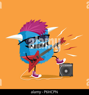 Monster punk rocker with Mohawk haircut playing red electric guitar plugged in amplifier. Cute and funny cartoon illustration Stock Photo