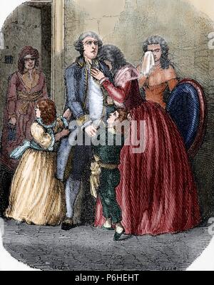 Louis XVI (1754-1793). King of France. The monarch taking leave of his family. Engraving. Colored. Stock Photo