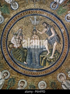 Italy. Ravenna. Arian Baptistry. Erected by the Ostrogothic King Theodoric the Great. Ceiling Mosaic. Baptism of Jesus by Saint John the Baptist. 6th century. Stock Photo