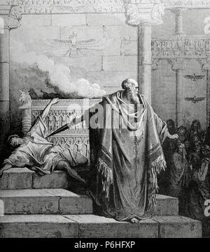 Old Testament. Mattathias slays the profane.  Mattathias and the Apostate. Drawing by Gustave Dore, engraving by Pannemaker. Maccabees. Stock Photo