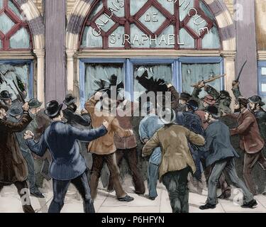 Great Britain. London. Socialist agitation. Protesters encouraged to theft and looting in shops Picadilly during the meeting of the Socialist leader Burns in Trafalgar Square. February 8, 1886. Engraving. Colored. Stock Photo