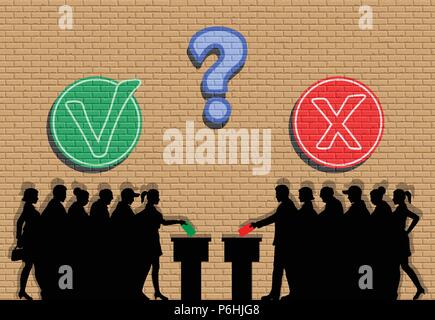 voters crowd silhouette with check marks graffiti in front of brick wall. All the silhouette objects, icons and background are in different layers. Stock Vector