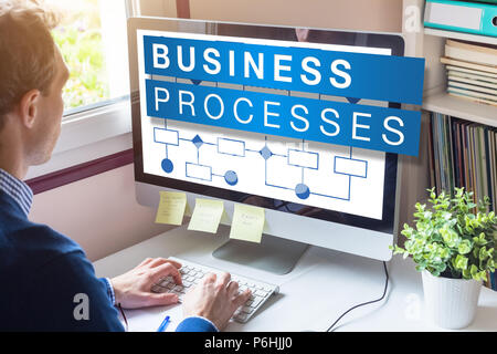 Business process management concept on computer screen with workflow automation flowchart for performance and efficiency improvement, corporate strate Stock Photo