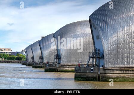 London, United Kingdom - June 23, 2018: Thames Barrier in Woolwich, London, United Kingdom viewed from upstream Stock Photo