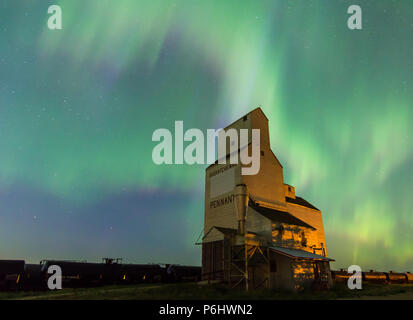 Aurora Borealis over a historic grain elevator in Pennant, Saskatchewan, Canada Stock Photo