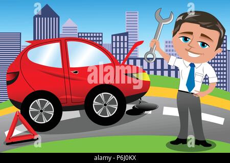 broken car and man holding spanner ready to fix it Stock Vector