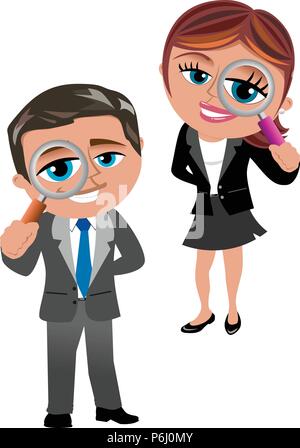 Businesswoman and businessman looking through magnifying glass isolated on white Stock Vector