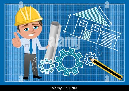 Smiling architect with helmet and thumb up holding blueprint against technical drawing on blueprint Stock Vector