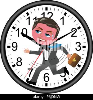 Red faced businessman running against time in a wall clock isolated on white Stock Vector