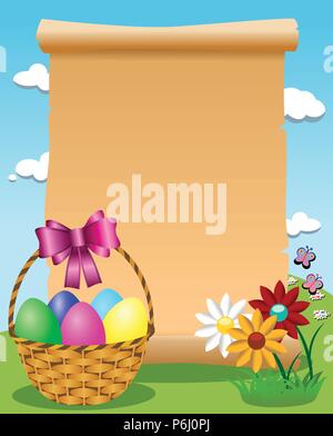 Blank parchment outdoor and Easter basket filled with colored eggs Stock Vector