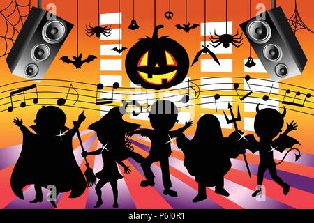 Silhouette Kids Dancing Halloween Party Stock Vector