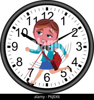 Red faced businesswoman running against time in a wall clock getting strangled by clock hands isolated Stock Vector