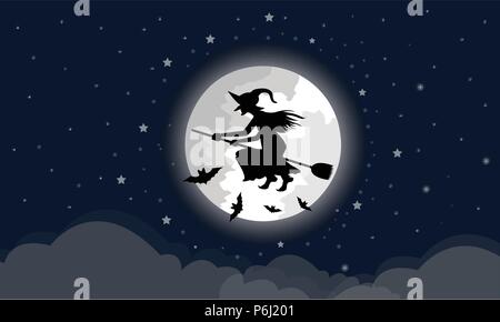 Witches ride the broom through the big moon, the clouds are below In the night with a star full of blue Halloween Holidays Stock Vector