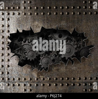 old metal armour background with rusty gears and cogs 3d illustration Stock Photo