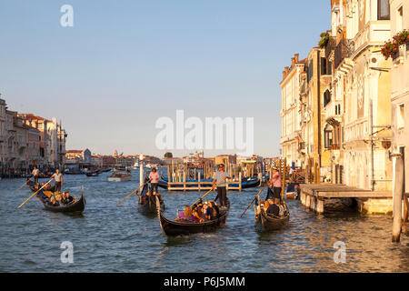 Tourists enjoying romantic  gondola rides at sunset on the Grand Canal, Venice, Veneto, Italy. Golden hour with reflections. Stock Photo