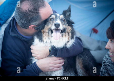 nice beautiful dog border collie really happy and joyful concept hugged from his owner caucasian middle age man. woman look them. family alternative c Stock Photo